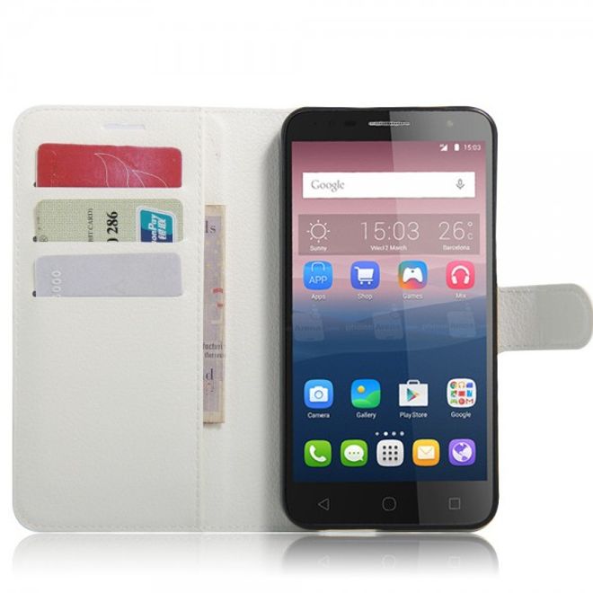 Alcatel OneTouch Pop 4+ Klassische Leder Case Hülle mit Litchitextur und Kreditkartenslots - weiss