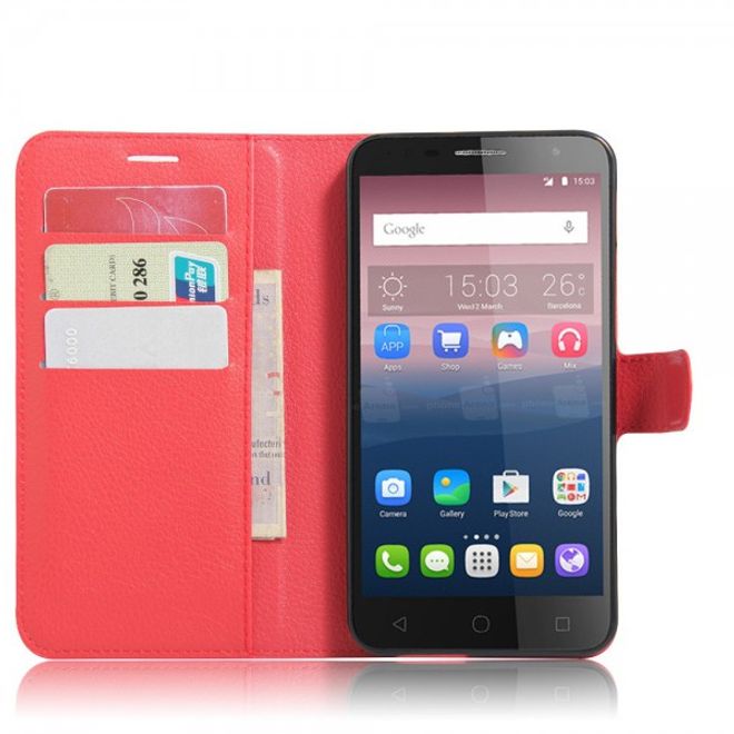 Alcatel OneTouch Pop 4+ Klassische Leder Case Hülle mit Litchitextur und Kreditkartenslots - rot
