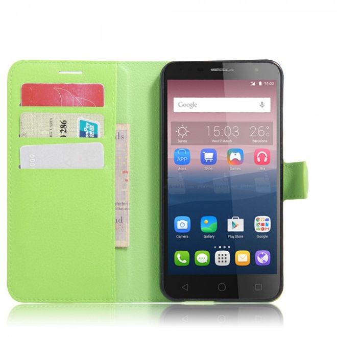 Alcatel OneTouch Pop 4+ Klassische Leder Case Hülle mit Litchitextur und Kreditkartenslots - grün