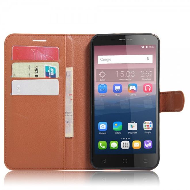 Alcatel OneTouch Pop 4+ Klassische Leder Case Hülle mit Litchitextur und Kreditkartenslots - braun