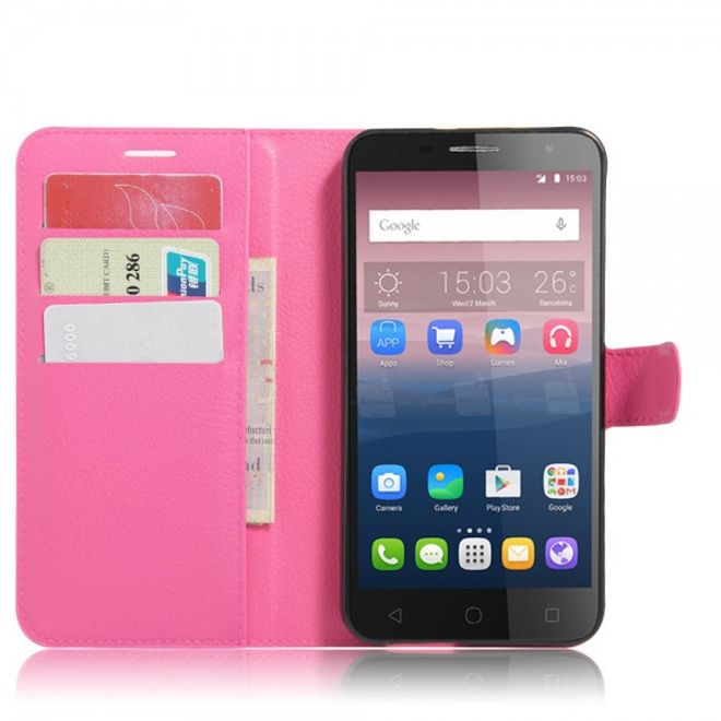 Alcatel OneTouch Pop 4+ Klassische Leder Case Hülle mit Litchitextur und Kreditkartenslots - rosa