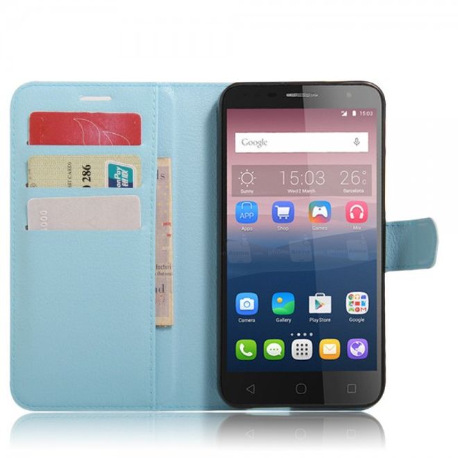 Alcatel OneTouch Pop 4+ Klassische Leder Case Hülle mit Litchitextur und Kreditkartenslots - hellblau