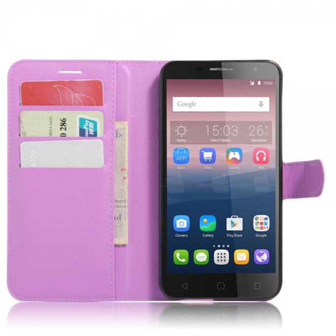 Alcatel OneTouch Pop 4+ Klassische Leder Case Hülle mit Litchitextur und Kreditkartenslots - purpur