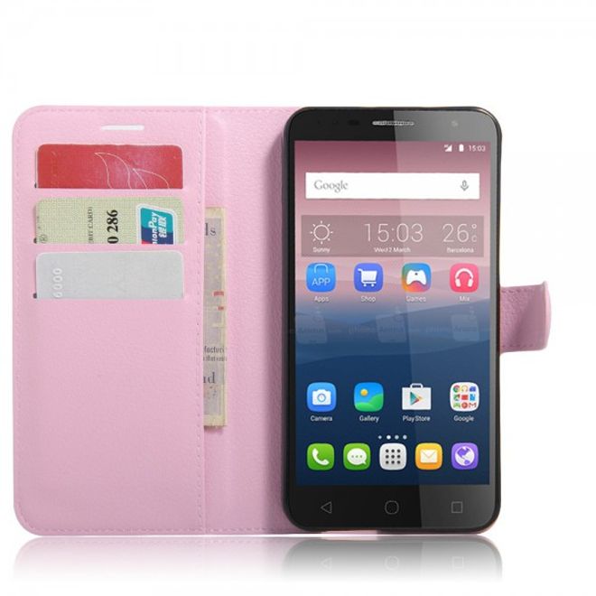 Alcatel OneTouch Pop 4+ Klassische Leder Case Hülle mit Litchitextur und Kreditkartenslots - pink