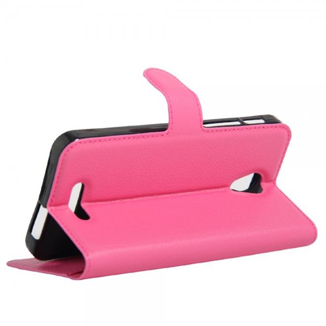 Alcatel OneTouch Pop 4+ Klassische Leder Case Hülle mit Litchitextur und Kreditkartenslots - rosa