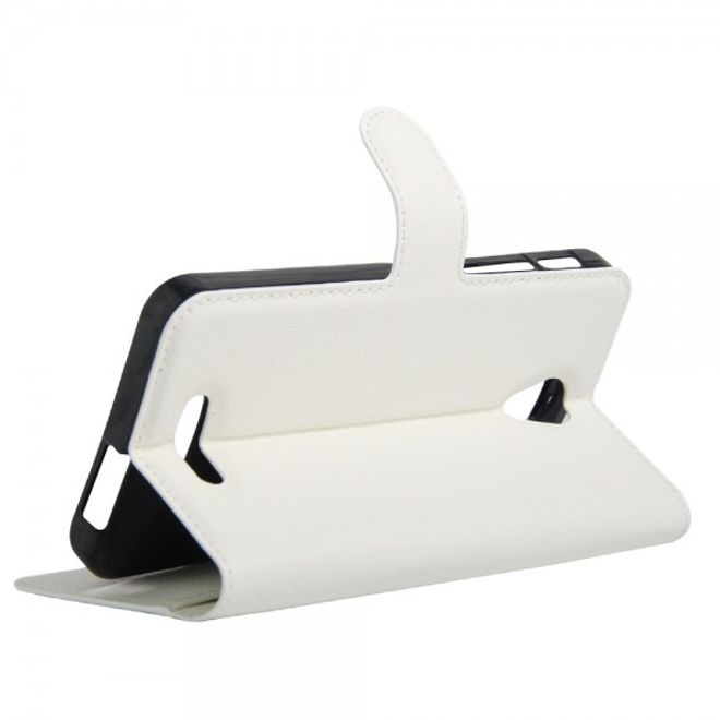 Alcatel OneTouch Pop 4+ Klassische Leder Case Hülle mit Litchitextur und Kreditkartenslots - weiss