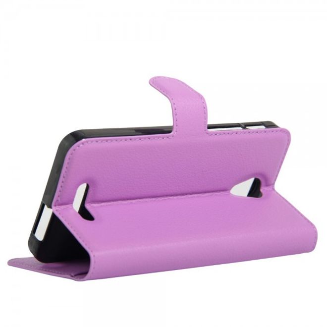 Alcatel OneTouch Pop 4+ Klassische Leder Case Hülle mit Litchitextur und Kreditkartenslots - purpur