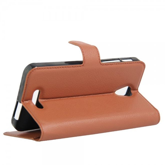 Alcatel OneTouch Pop 4+ Klassische Leder Case Hülle mit Litchitextur und Kreditkartenslots - braun