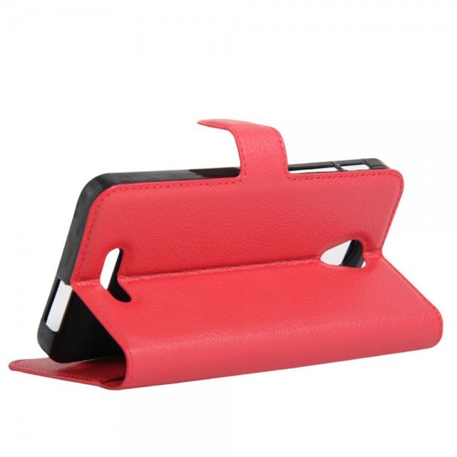 Alcatel OneTouch Pop 4+ Klassische Leder Case Hülle mit Litchitextur und Kreditkartenslots - rot