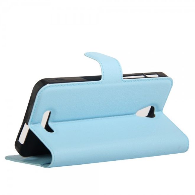 Alcatel OneTouch Pop 4+ Klassische Leder Case Hülle mit Litchitextur und Kreditkartenslots - hellblau