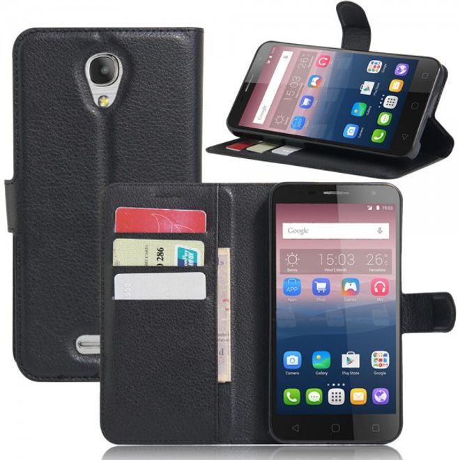 Alcatel OneTouch Pop 4+ Klassische Leder Case Hülle mit Litchitextur und Kreditkartenslots - schwarz