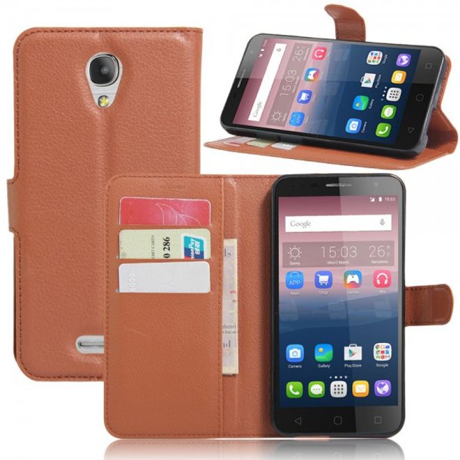 Alcatel OneTouch Pop 4+ Klassische Leder Case Hülle mit Litchitextur und Kreditkartenslots - braun