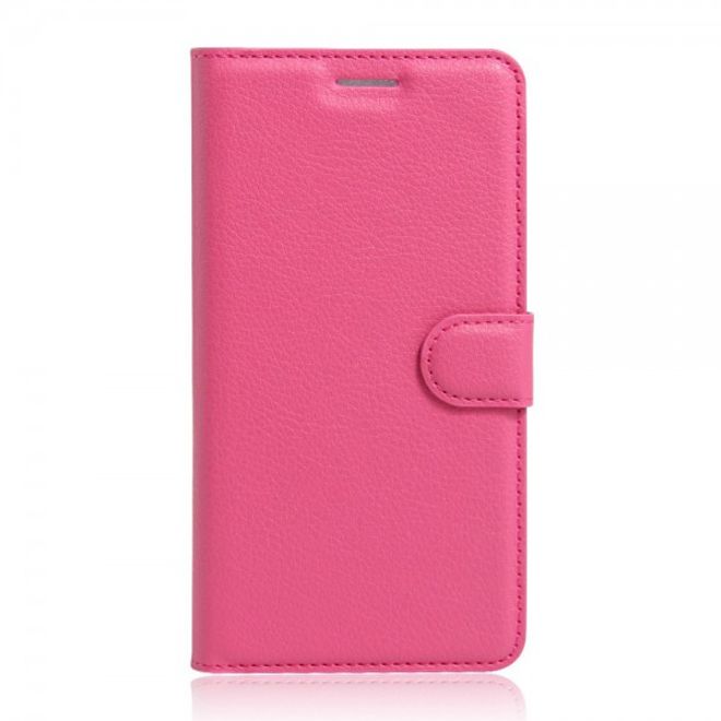 Alcatel OneTouch Pop 4+ Klassische Leder Case Hülle mit Litchitextur und Kreditkartenslots - rosa