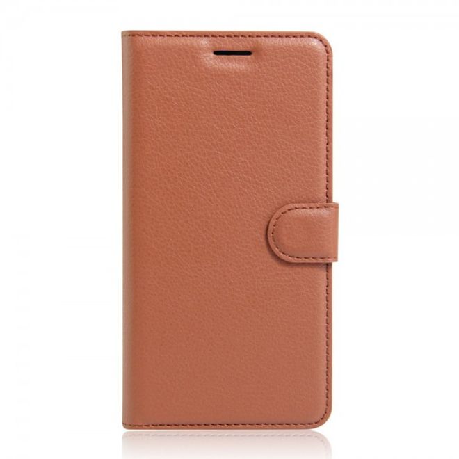 Alcatel OneTouch Pop 4+ Klassische Leder Case Hülle mit Litchitextur und Kreditkartenslots - braun