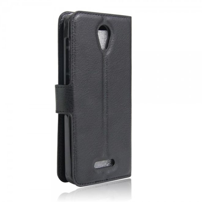 Alcatel OneTouch Pop 4 Zeitlose Leder Case Hülle mit Litchitextur und Standfunktion - schwarz