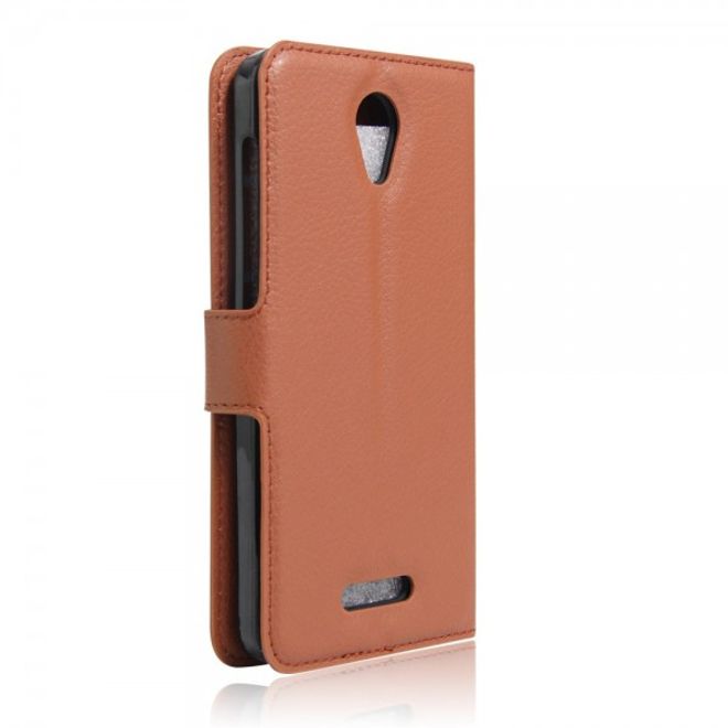 Alcatel OneTouch Pop 4 Zeitlose Leder Case Hülle mit Litchitextur und Standfunktion - braun