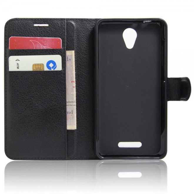 Alcatel OneTouch Pop 4 Zeitlose Leder Case Hülle mit Litchitextur und Standfunktion - schwarz