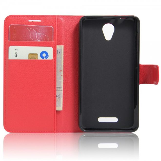 Alcatel OneTouch Pop 4 Zeitlose Leder Case Hülle mit Litchitextur und Standfunktion - rot