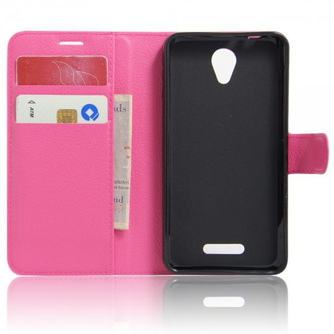 Alcatel OneTouch Pop 4 Zeitlose Leder Case Hülle mit Litchitextur und Standfunktion - rosa