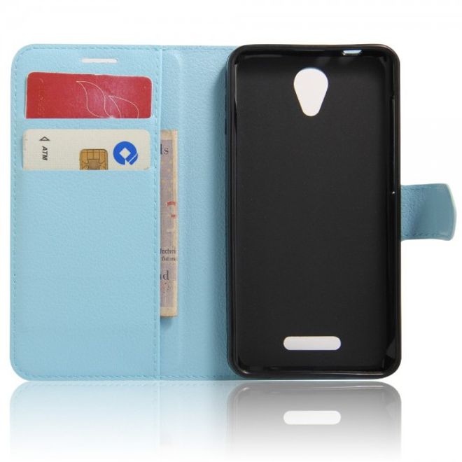 Alcatel OneTouch Pop 4 Zeitlose Leder Case Hülle mit Litchitextur und Standfunktion - hellblau