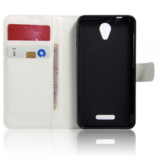 Alcatel OneTouch Pop 4 Zeitlose Leder Case Hülle mit Litchitextur und Standfunktion - weiss