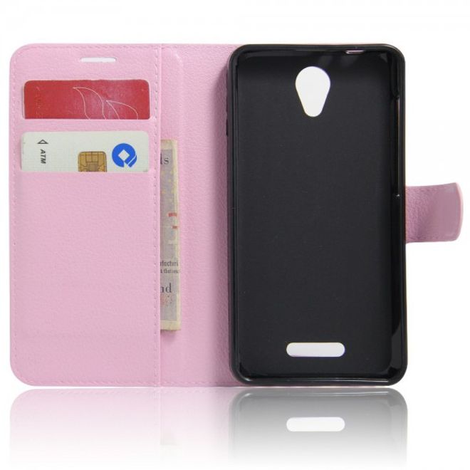 Alcatel OneTouch Pop 4 Zeitlose Leder Case Hülle mit Litchitextur und Standfunktion - pink