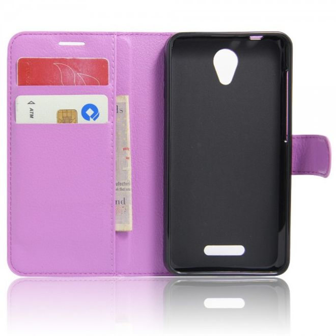 Alcatel OneTouch Pop 4 Zeitlose Leder Case Hülle mit Litchitextur und Standfunktion - purpur