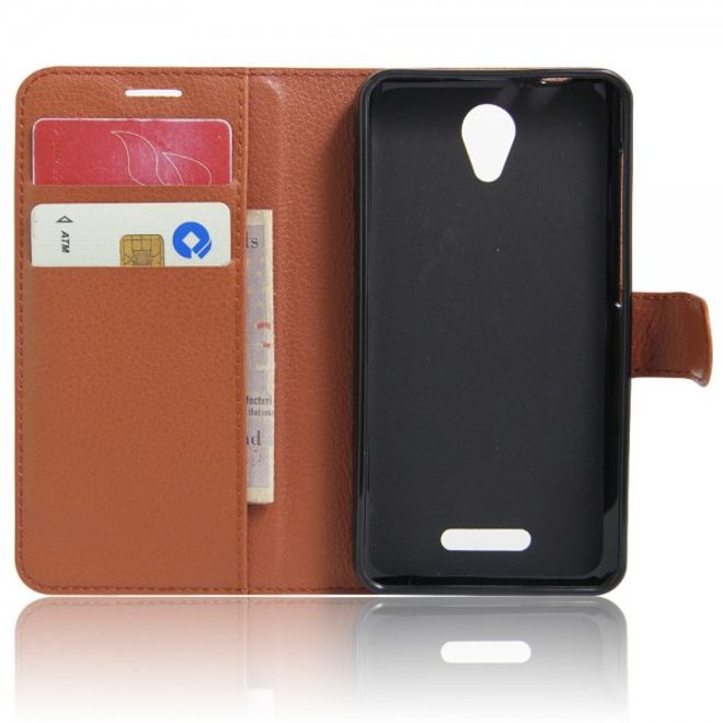 Alcatel OneTouch Pop 4 Zeitlose Leder Case Hülle mit Litchitextur und Standfunktion - braun