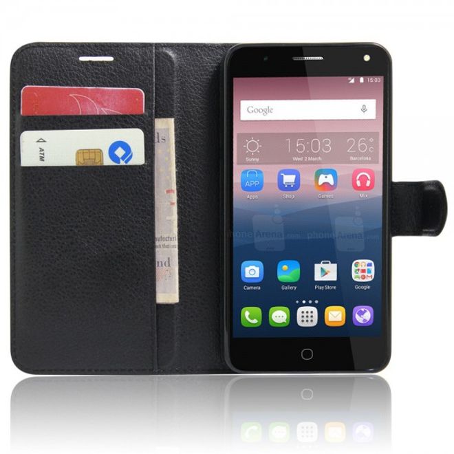 Alcatel OneTouch Pop 4 Zeitlose Leder Case Hülle mit Litchitextur und Standfunktion - schwarz
