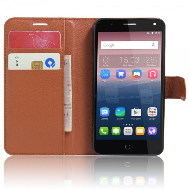 Alcatel OneTouch Pop 4 Zeitlose Leder Case Hülle mit Litchitextur und Standfunktion - braun