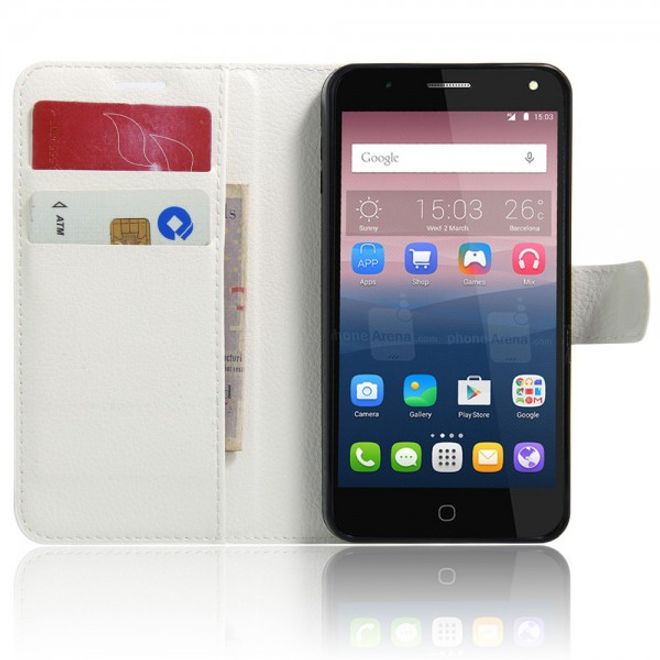Alcatel OneTouch Pop 4 Zeitlose Leder Case Hülle mit Litchitextur und Standfunktion - weiss