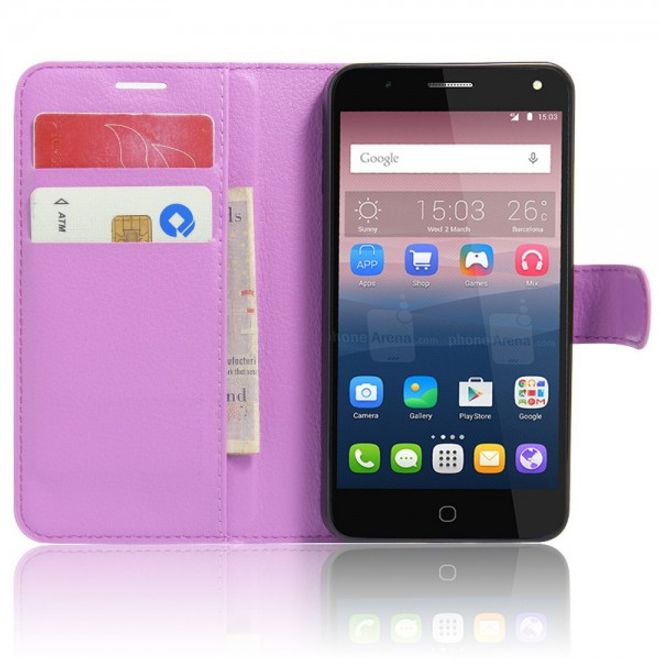 Alcatel OneTouch Pop 4 Zeitlose Leder Case Hülle mit Litchitextur und Standfunktion - purpur