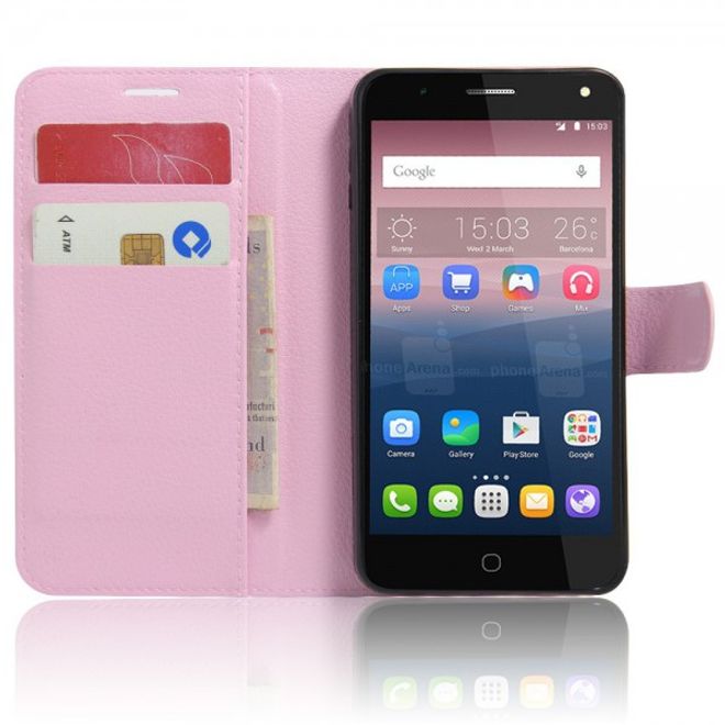 Alcatel OneTouch Pop 4 Zeitlose Leder Case Hülle mit Litchitextur und Standfunktion - pink