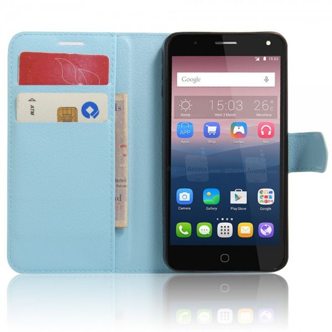 Alcatel OneTouch Pop 4 Zeitlose Leder Case Hülle mit Litchitextur und Standfunktion - hellblau