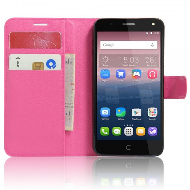 Alcatel OneTouch Pop 4 Zeitlose Leder Case Hülle mit Litchitextur und Standfunktion - rosa