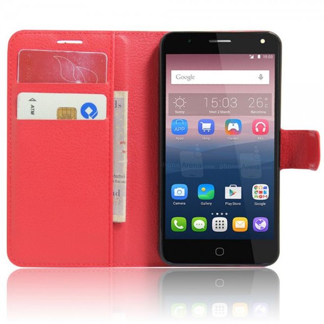 Alcatel OneTouch Pop 4 Zeitlose Leder Case Hülle mit Litchitextur und Standfunktion - rot