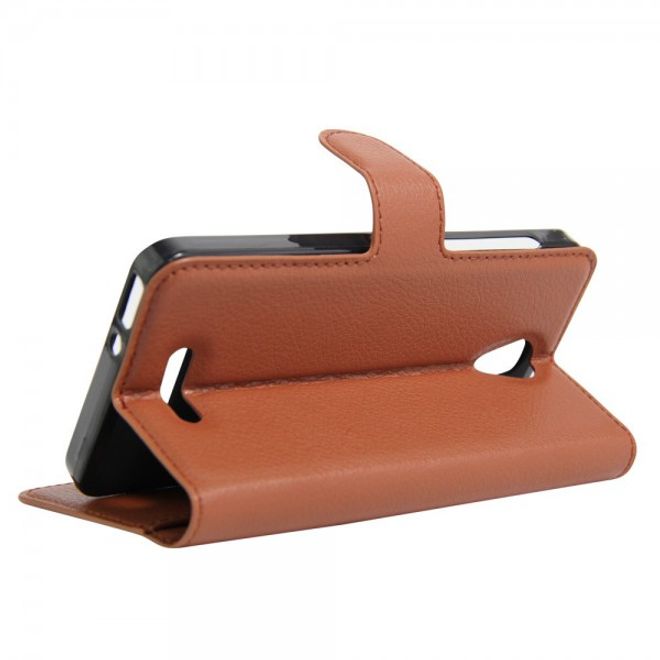 Alcatel OneTouch Pop 4 Zeitlose Leder Case Hülle mit Litchitextur und Standfunktion - braun