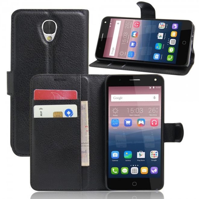 Alcatel OneTouch Pop 4 Zeitlose Leder Case Hülle mit Litchitextur und Standfunktion - schwarz