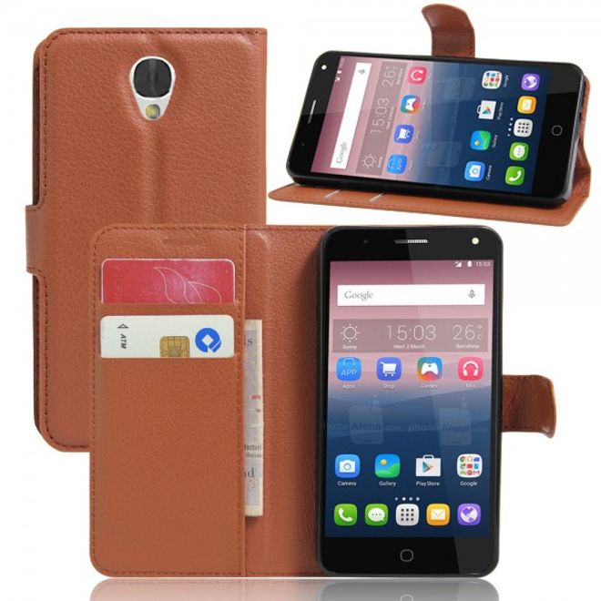 Alcatel OneTouch Pop 4 Zeitlose Leder Case Hülle mit Litchitextur und Standfunktion - braun