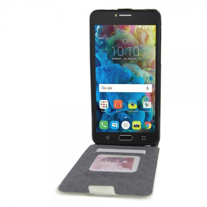 Alcatel OneTouch Pop 4S Vertikale Crazy Horse Leder Cover Handyhülle - weiss