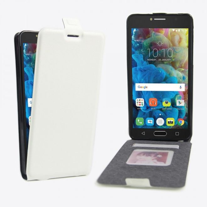 Alcatel OneTouch Pop 4S Vertikale Crazy Horse Leder Cover Handyhülle - weiss