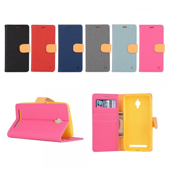 Asus Zenfone Go Hülle - Handy Case aus Leder - mit Leinentextur und Standfunktion - grau