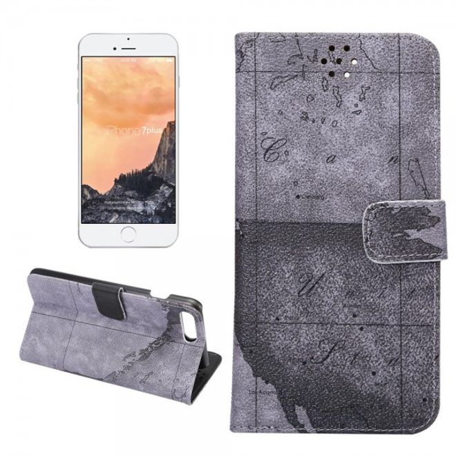 Case für iPhone 8 Plus / 7 Plus - Handyhülle aus Leder - mit Weltkartenausschnitt - grau