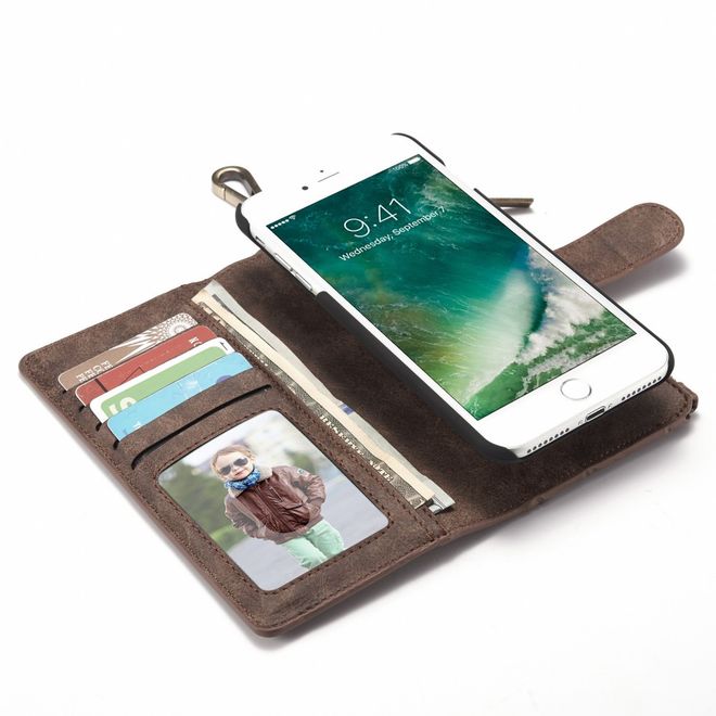 Caseme - iPhone 8 Plus / 7 Plus Handyhülle - Case aus Spaltleder - Portemonnaie und abnehmbares Plastik Cover in einem - braun