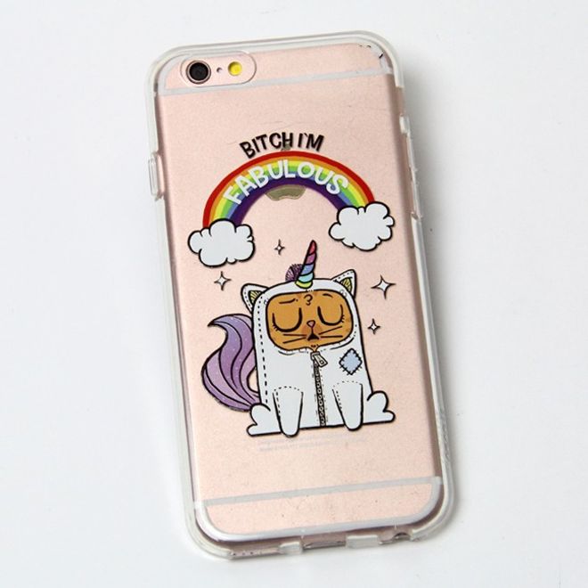 iPhone 6 Plus/6S Plus Phone Case - TPU Soft Case - Catcorn, Rainbow and the slogan "Bitch, I'm fabulous"