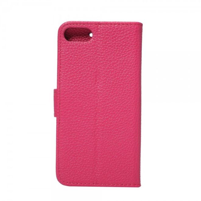 Étui en cuir rose pour iPhone SE (2022) / SE (2020) / 8 / 7, avec texture litchi et fonction rabat.