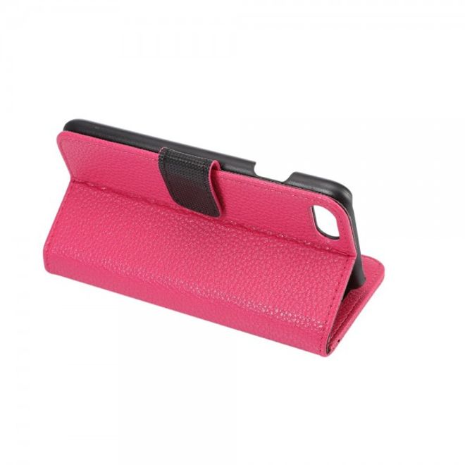 Étui en cuir rose pour iPhone SE (2022) / SE (2020) / 8 / 7, avec texture litchi et fonction rabat.