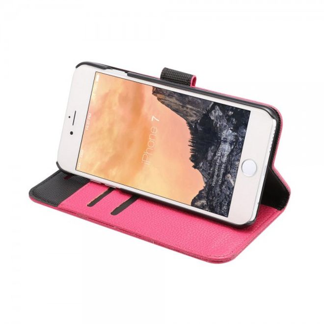 Étui en cuir rose pour iPhone SE (2022) / SE (2020) / 8 / 7, avec texture litchi et fonction rabat.