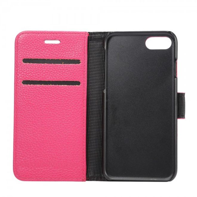 Étui en cuir rose pour iPhone SE (2022) / SE (2020) / 8 / 7, avec texture litchi et fonction rabat.