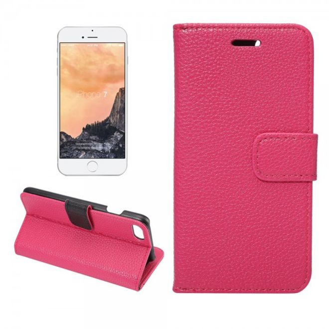 Étui en cuir rose pour iPhone SE (2022) / SE (2020) / 8 / 7, avec texture litchi et fonction rabat.